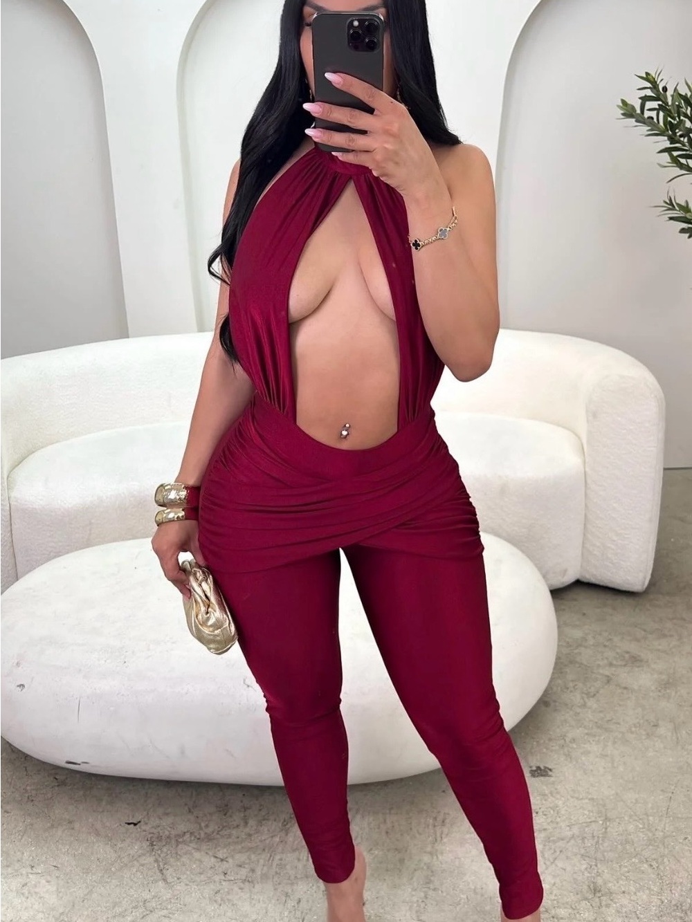 Luxe Fashionz Burgundy Plunge Halter Skinny Jumpsuit